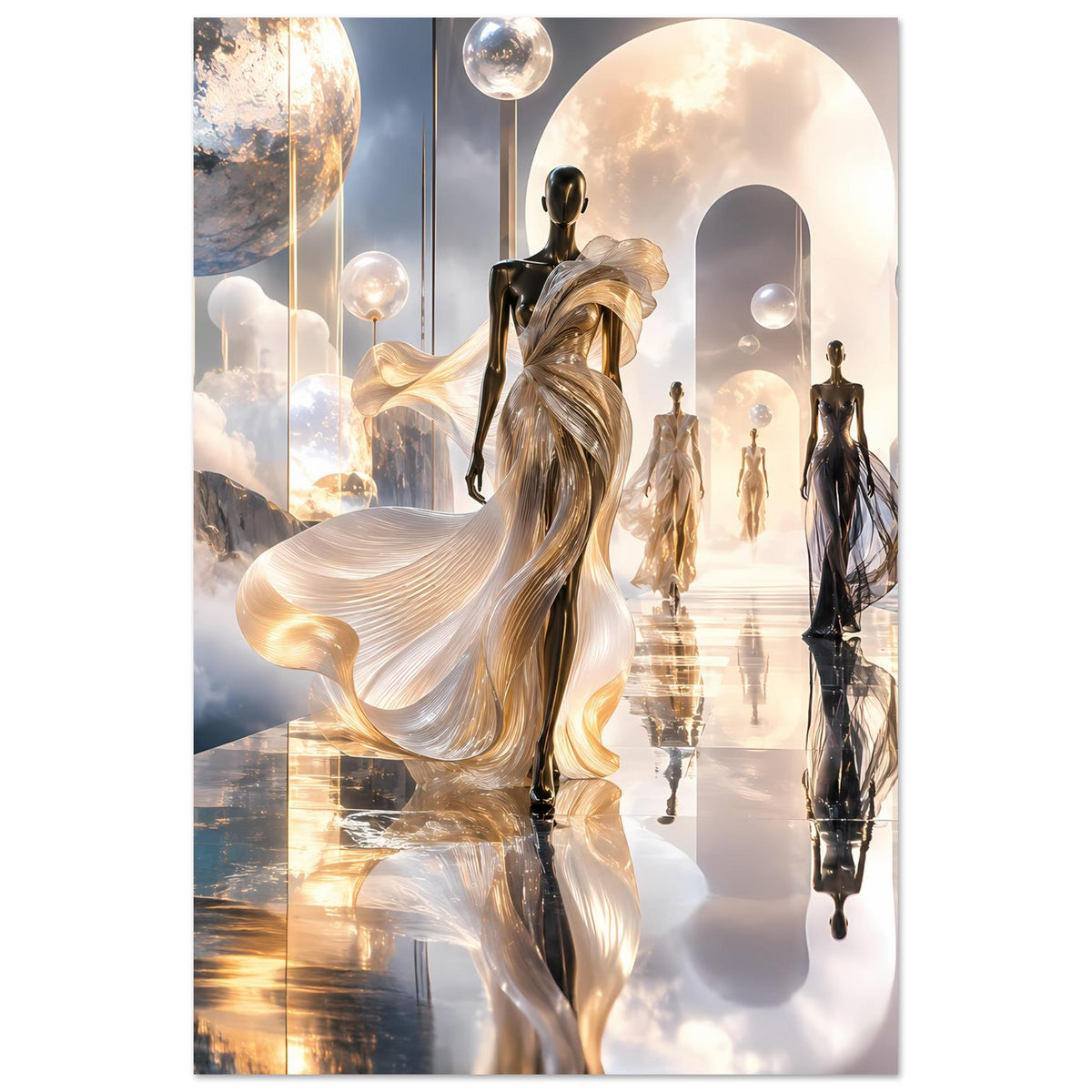 Fashion-Runway-Poster (vertikal): goldene drapierte Figur, umgeben von Schattenfiguren