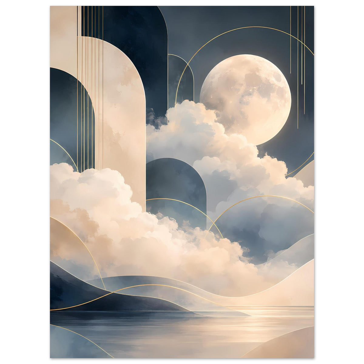 Poster mit Mond über Wolken, goldene Kreise und Linien, abstrakte Landschaftsformen in Blau und Beige