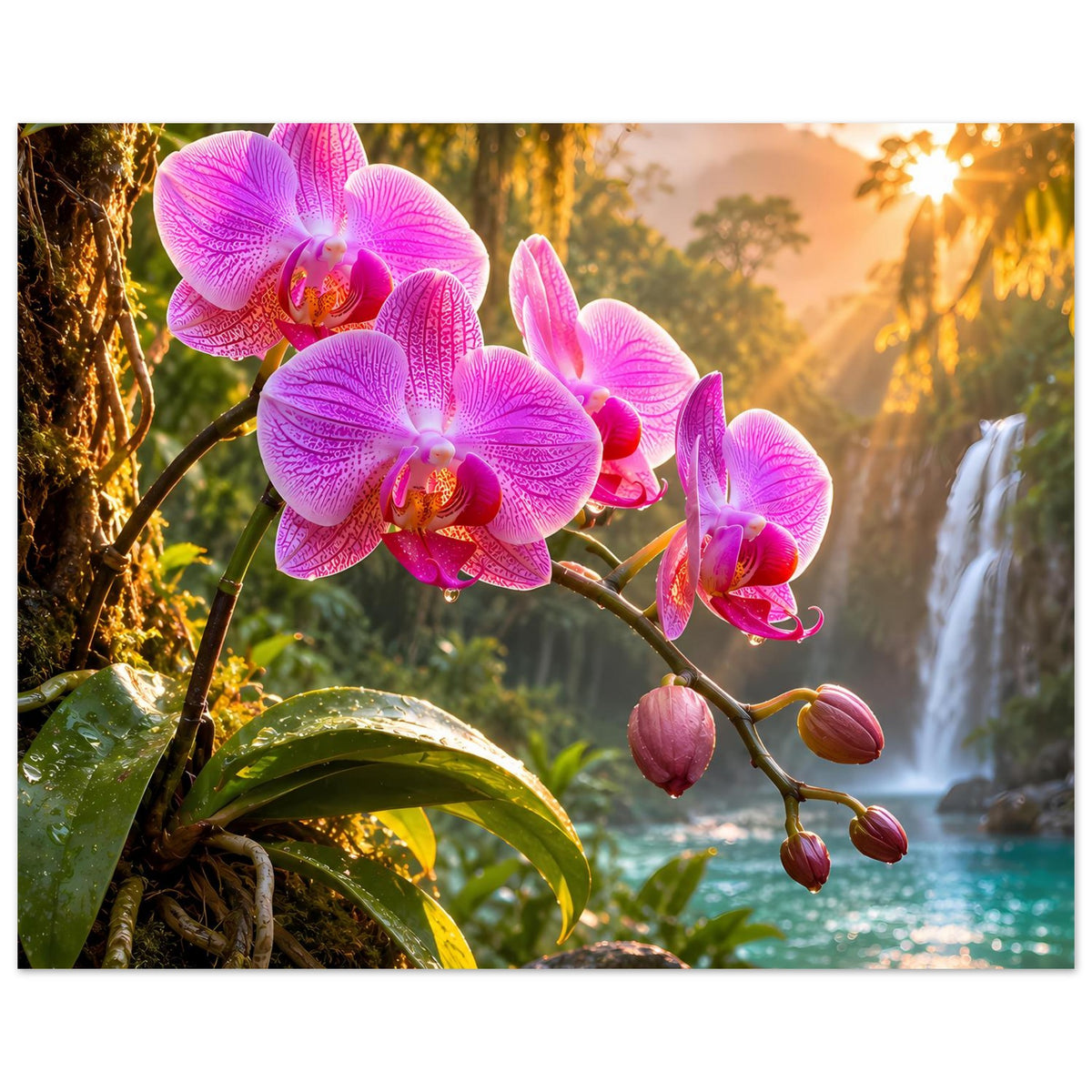 Querformat-Poster: rosa Orchideenblüten am Ast, Wasserfläche und Wasserfall im Hintergrund