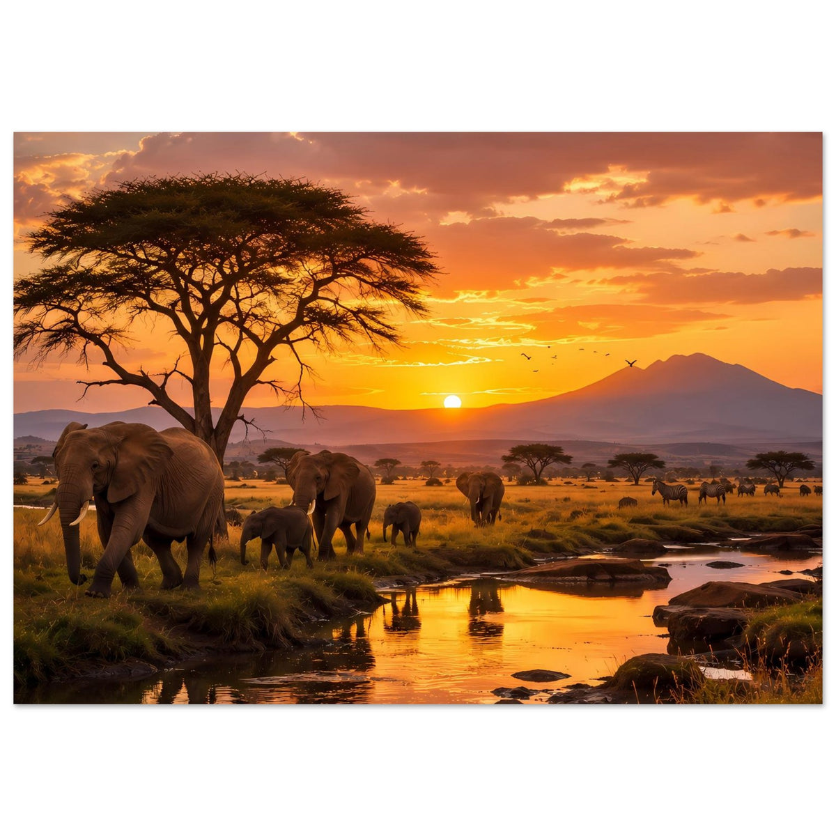Horizontales Poster mit Elefanten am Fluss und Akazienbaum bei Sonnenuntergang