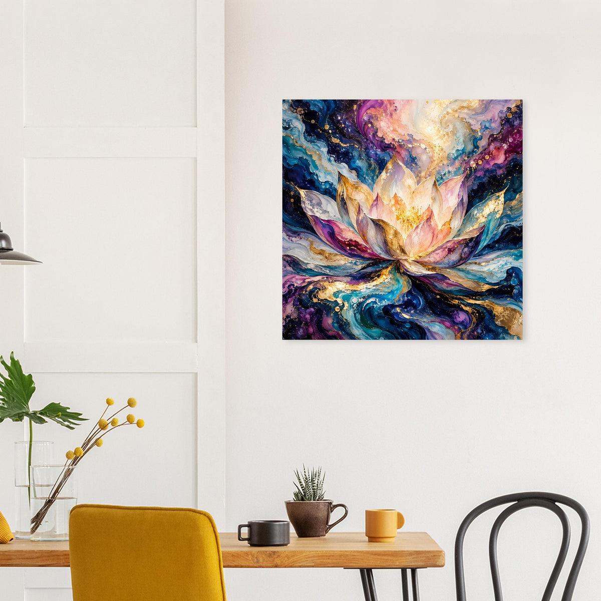 Quadratisches Blumenposter mit flammenartiger Blüte, blau-violetten Wirbeln und Goldakzenten.