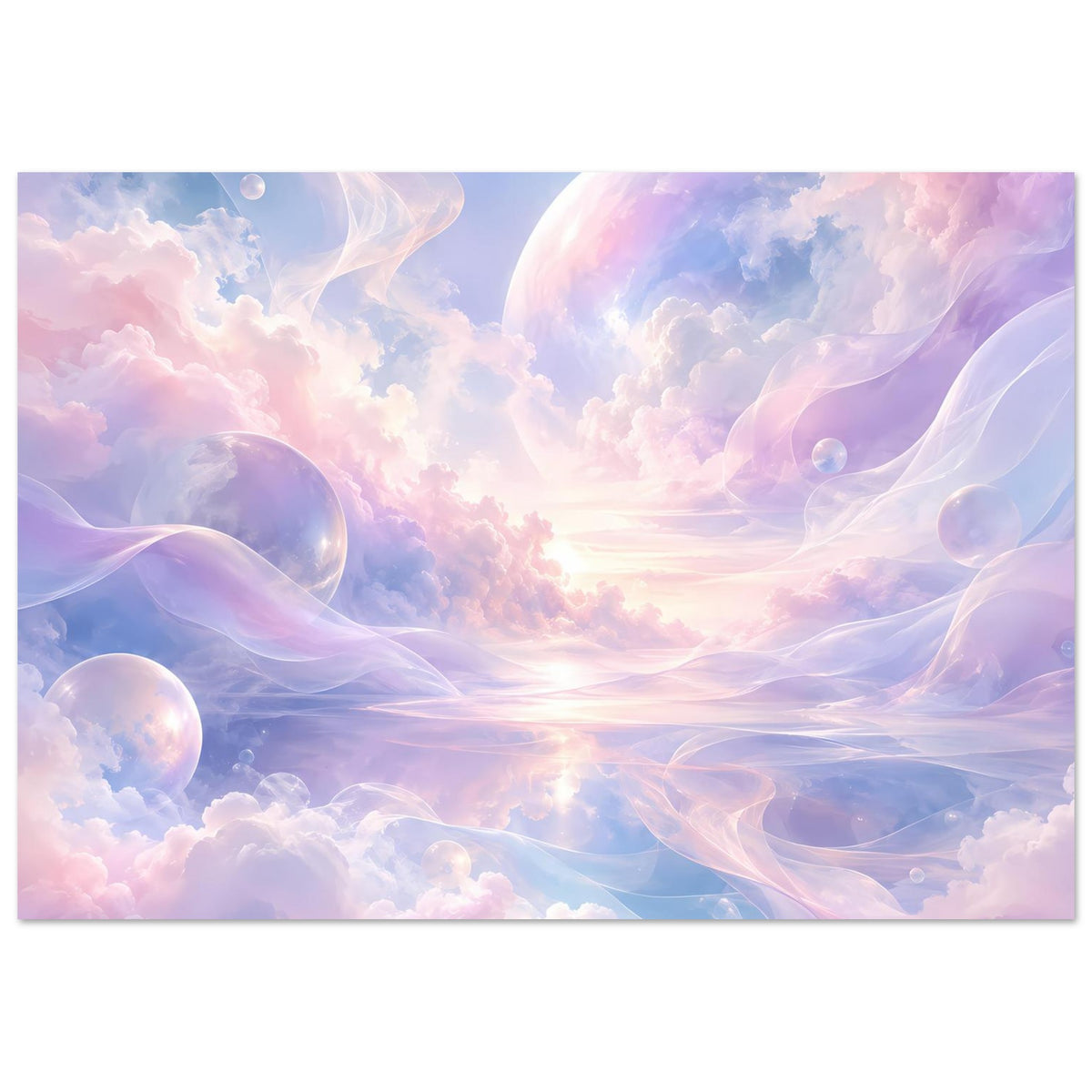 Horizontales Poster mit Wolkenlandschaft, pastellfarbenen Blasen und sanften Lichtreflexen