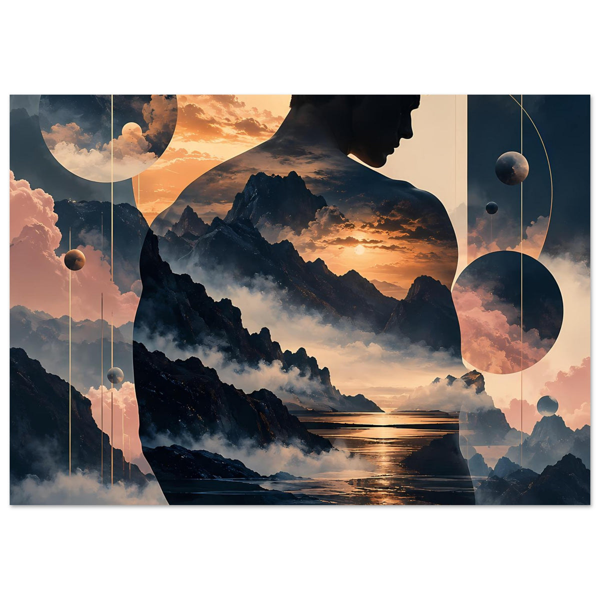 Poster mit surreeller Bergszene: Männerprofil, Abendhimmel, Küste und kreisförmige Elemente