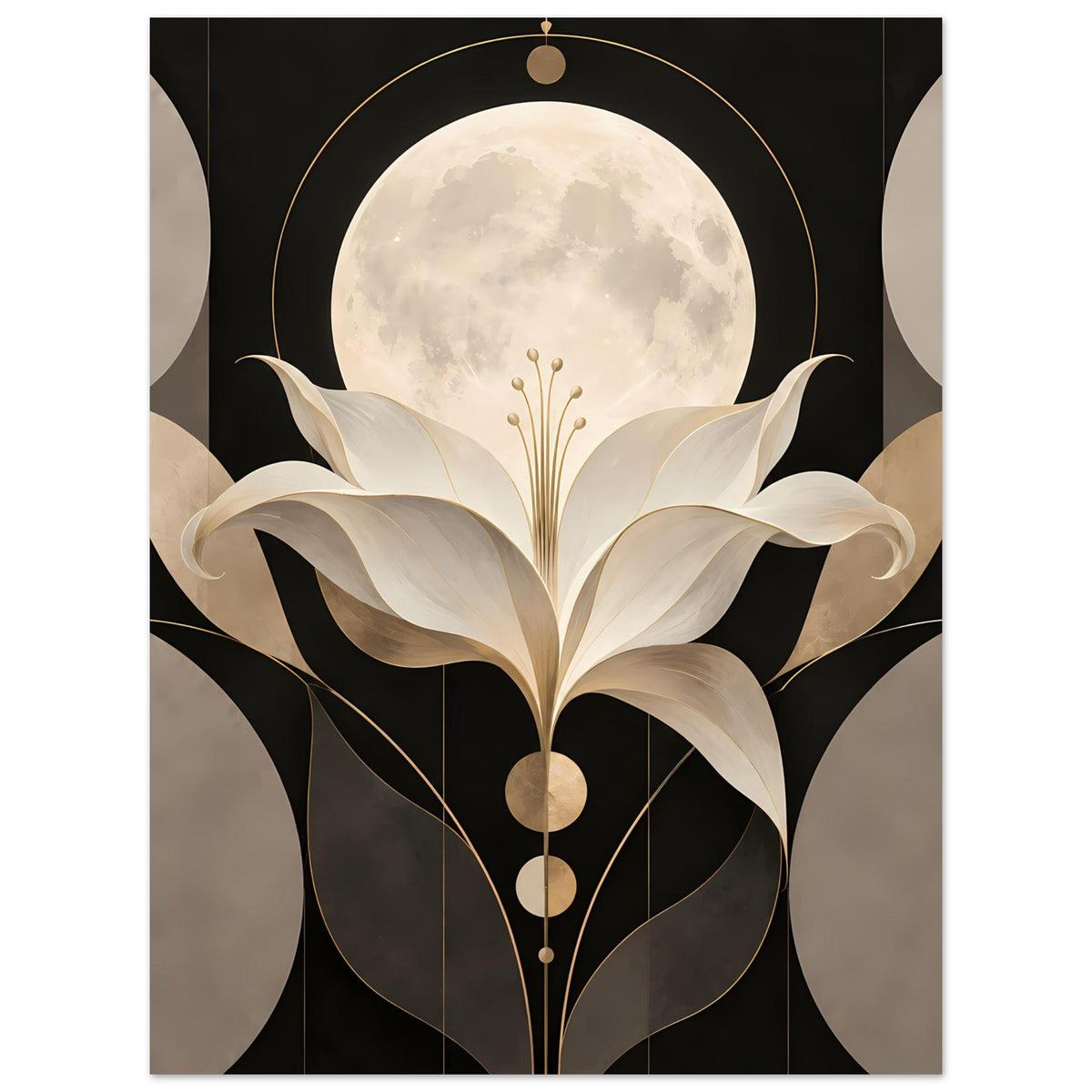 Art-déco-Poster mit cremefarbener Lilie vor Vollmond und goldenen Linien