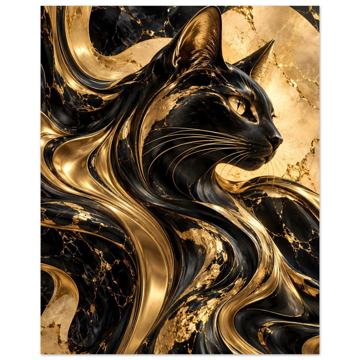 Poster im Vertikalformat mit Katze, schwarzem Fell und goldener, marmorierter Schmuckoptik