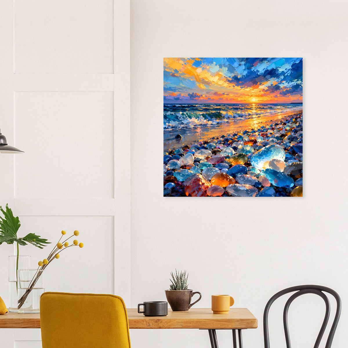 Poster zeigt Sonnenuntergangshimmel über Wasser und bunte Steine am Strand