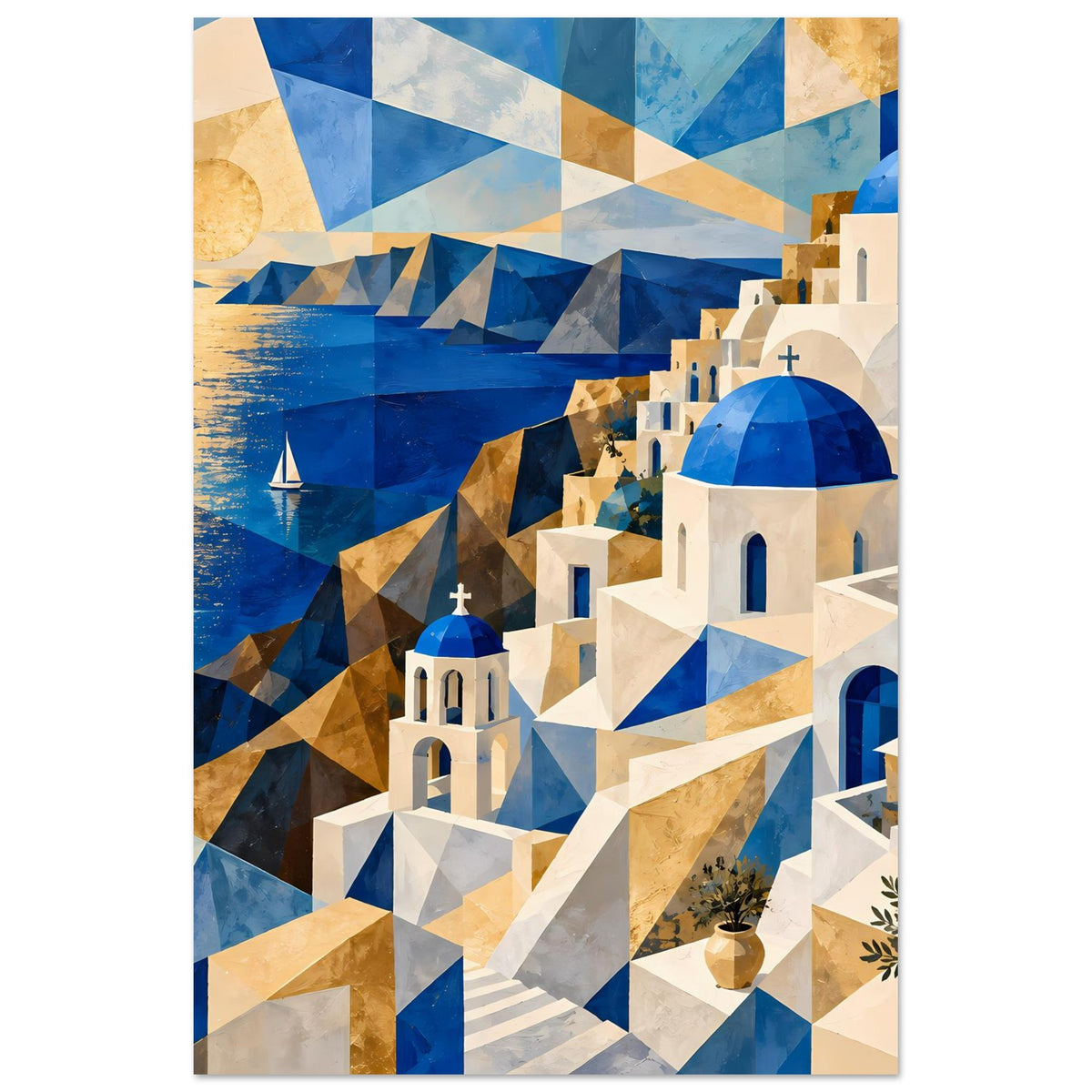 Geometrisches Poster mit weiß-blauen Kuppelbauten, goldenen Dreiecken im Hintergrund und Segelbooten