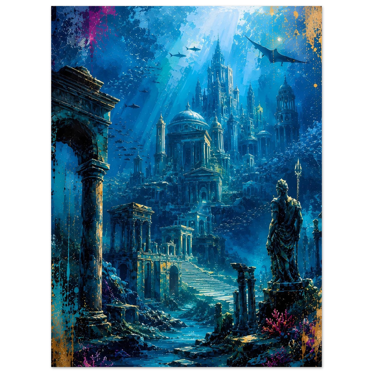 Unterwasserstadt-Poster mit blauem Atlantis, Säulen links und Statue rechts, farbige Spritzer oben