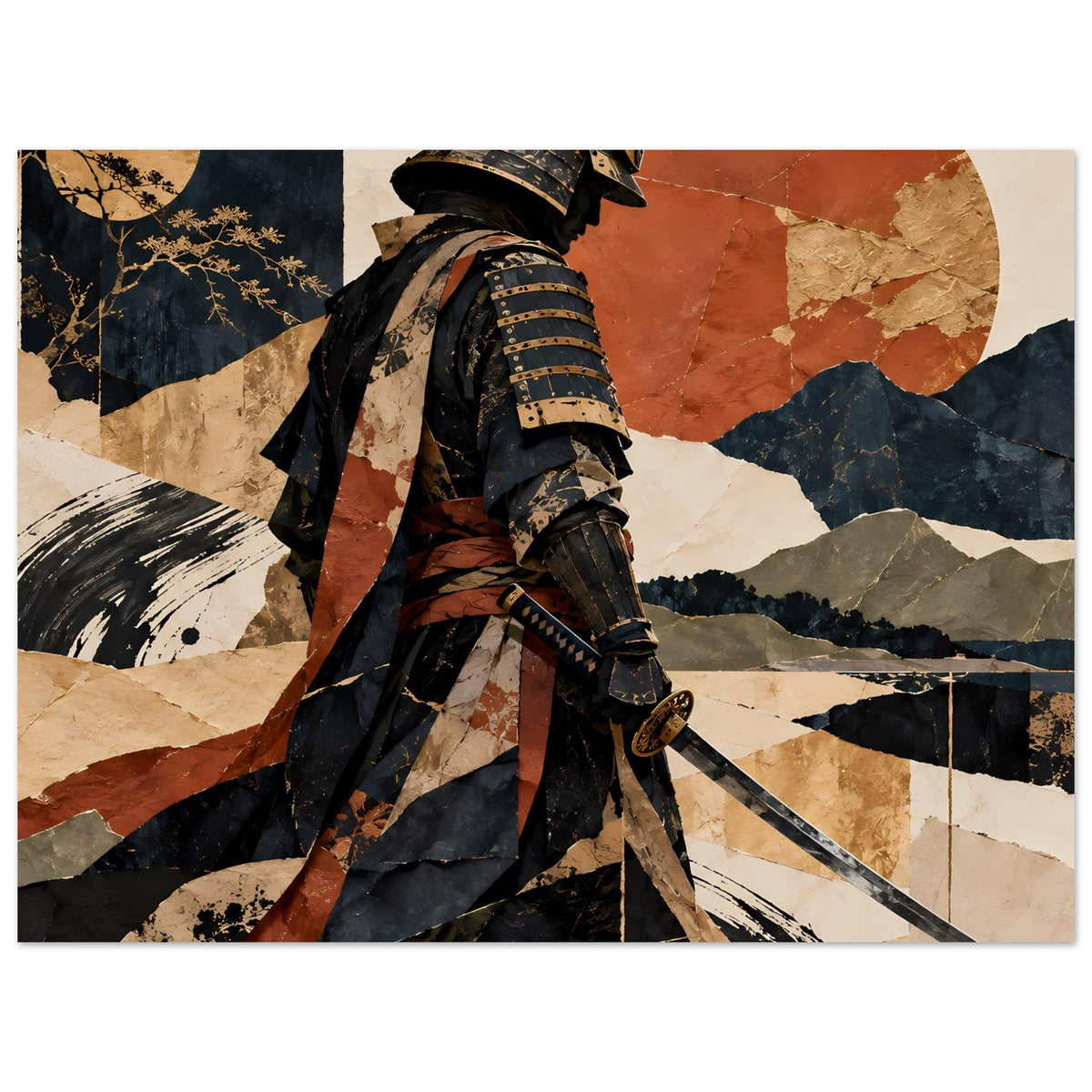 Poster mit Samurai-Silhouette im Querformat, dunkles Blau, Ocker und Rostrot mit Schwert