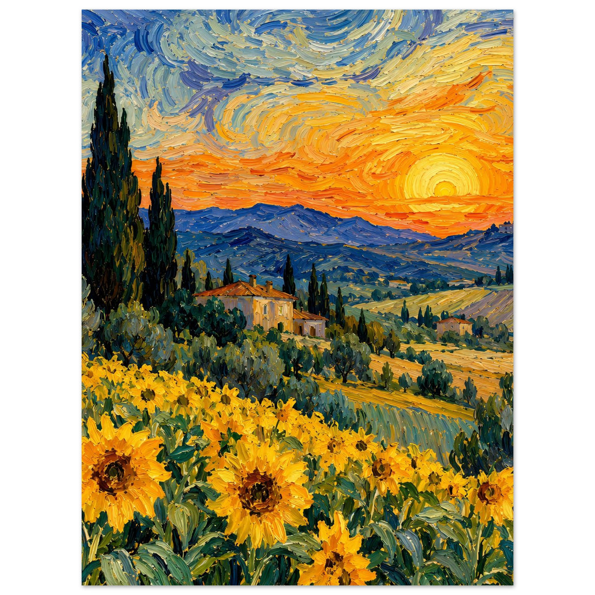 Vertikales Sonnenblumenfeld-Poster mit Sonnenuntergang, Zypressen links und gelben Blüten unten