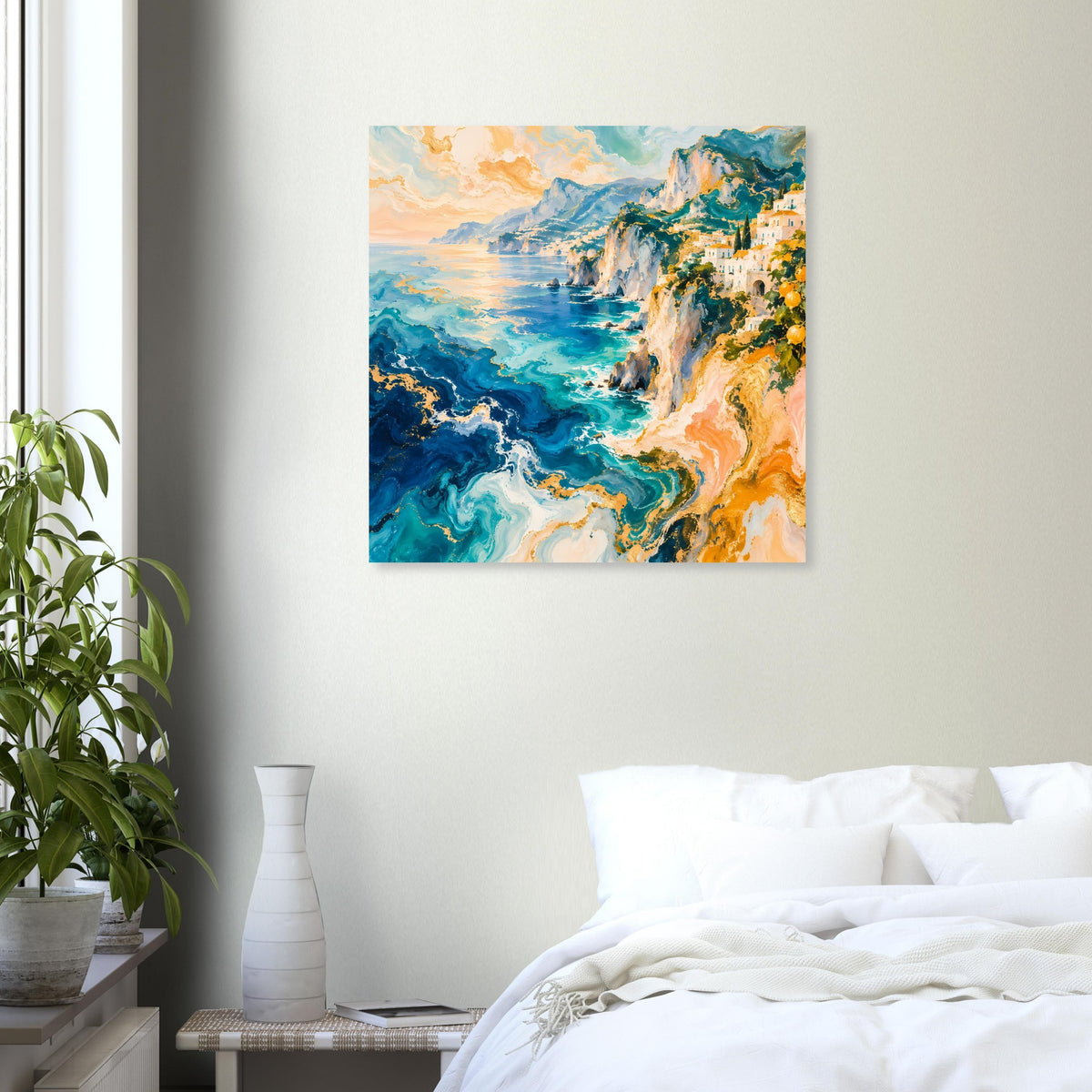 Quadratisches Seeposter mit wilden Wellen, Küstenfelsen und orangefarbenem Himmel