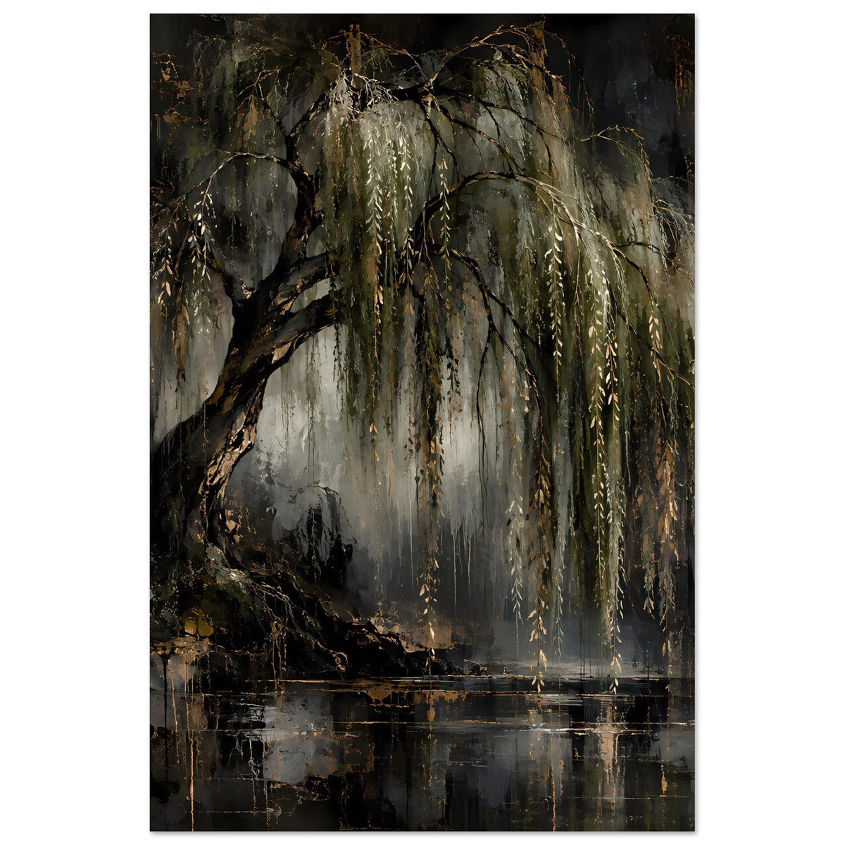 Naturposter: dunkler Baum mit herabhängenden Ästen, goldene Highlights und Wasserreflexion