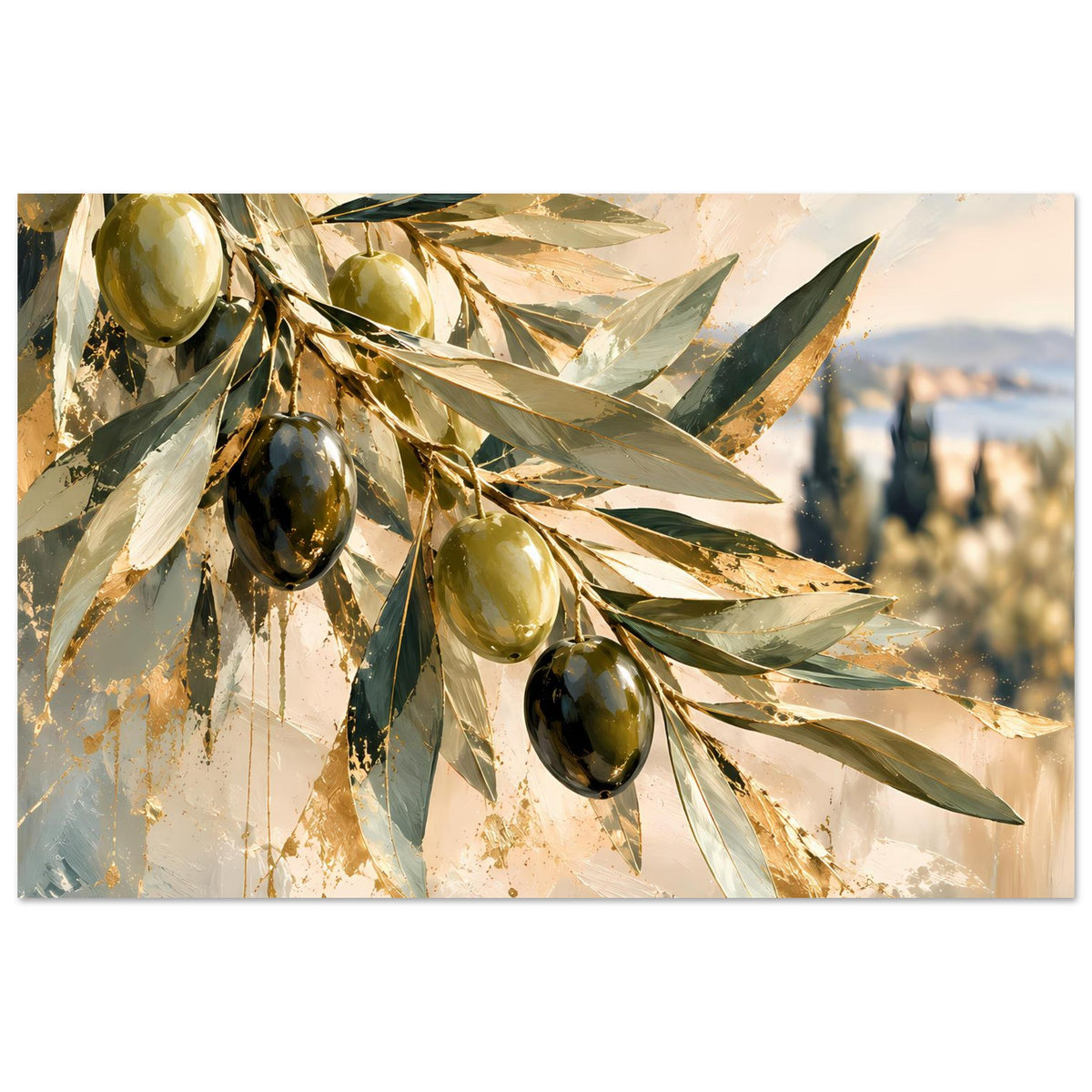 Kunstposter mit Olivenzweigen und Oliven, horizontal, zentrale Zweigfläche mit goldenen Akzenten