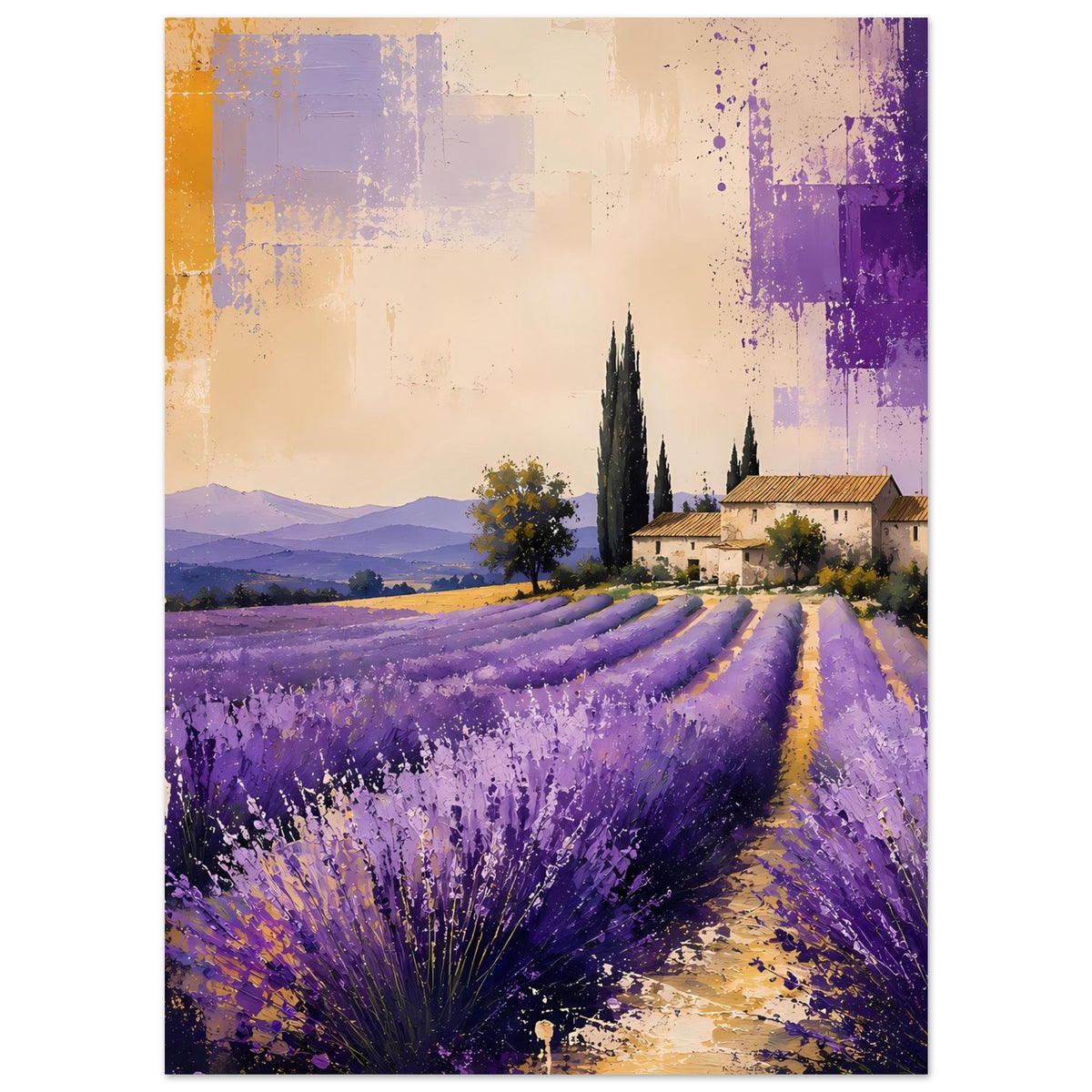 Kunstposter mit violetten Lavendelreihen, Landhaus, Zypressen und orangefarbenen Farbspritzern