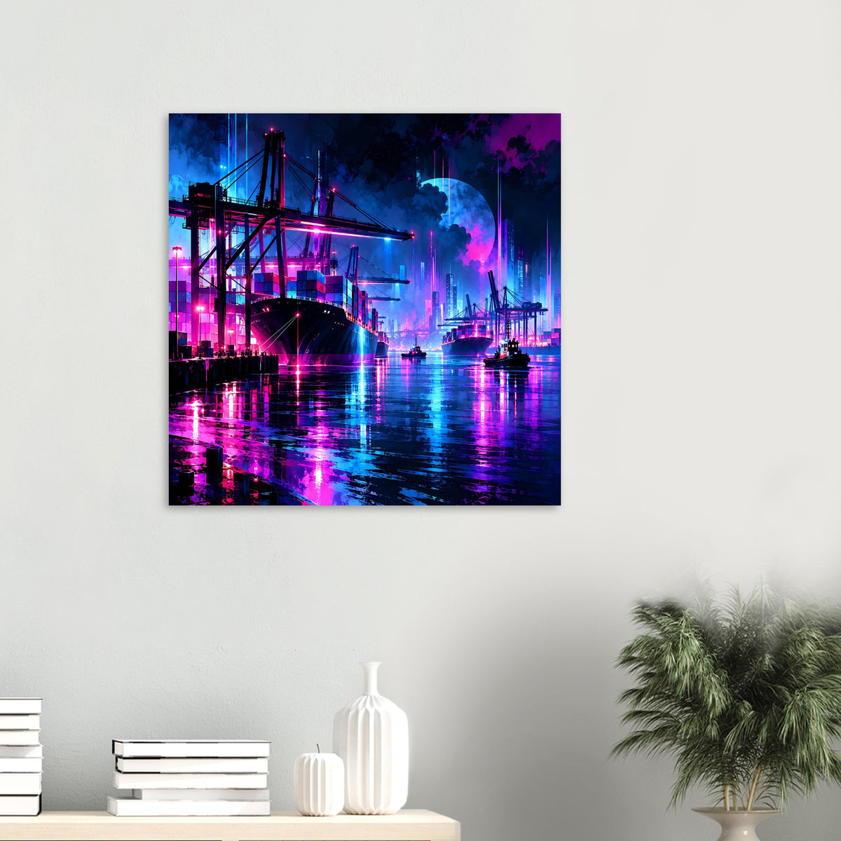 Kleines Neon-Hafen Poster mit Brücke, Hafenkränen, Rauchwolken und Neon-Reflexionen
