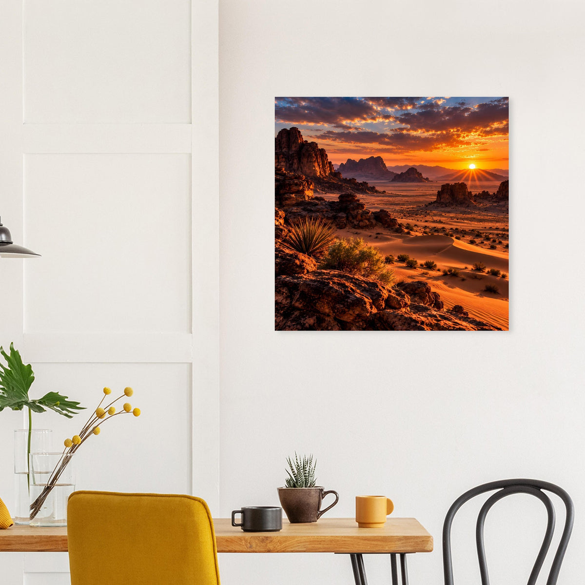 Wüstenlandschaft-Poster mit orangefarbener Sonne, Sanddünen und Bergsilhouetten in warmen Farben