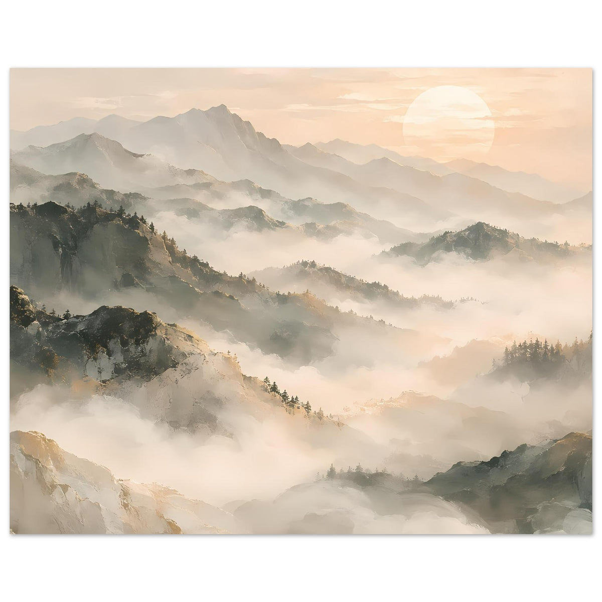 Bergposter mit Bergpanorama und Sonnenaufgang über Nebel, matt, quer