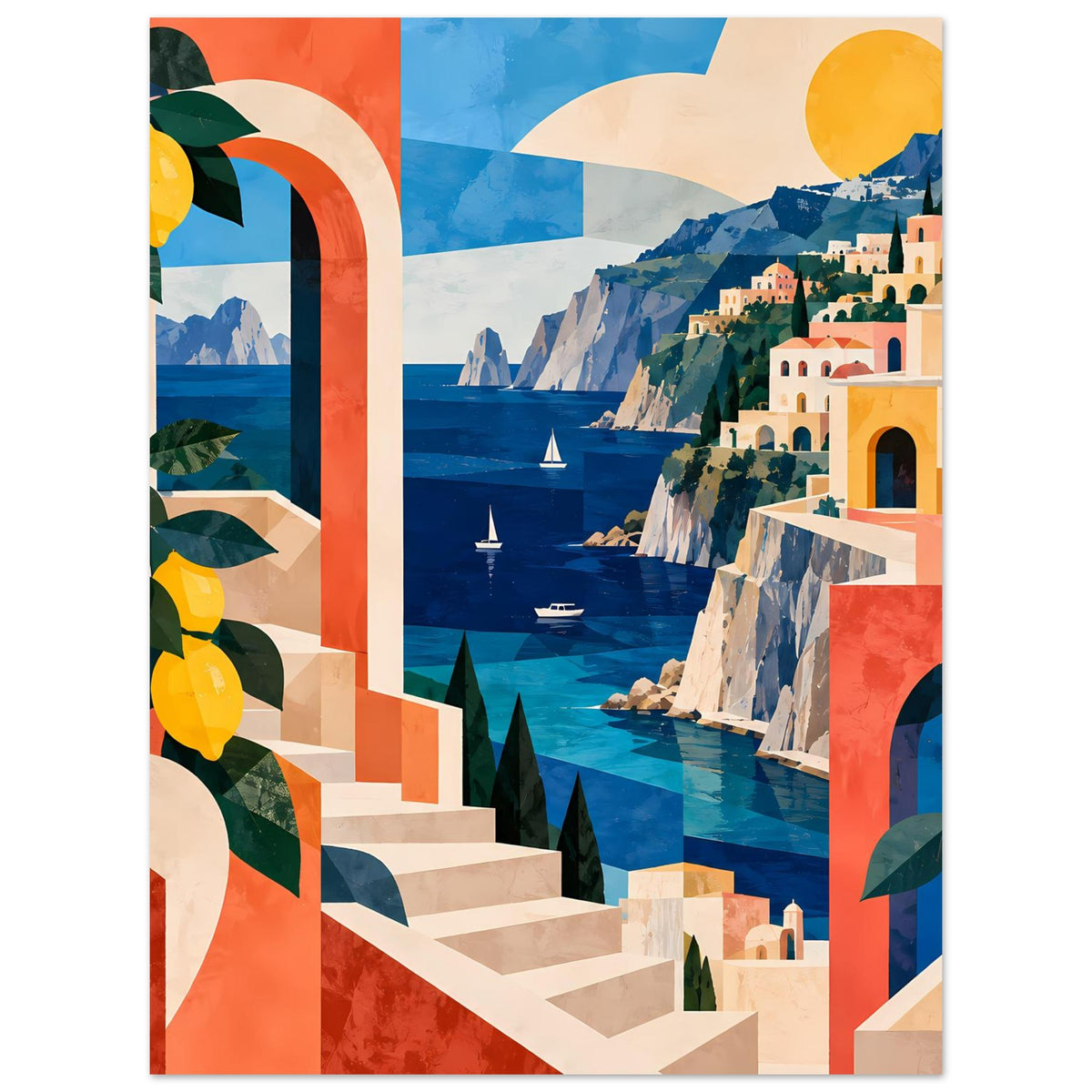 Küsten-Poster mit Arkaden-Treppe, Meerblick, Häuserfronten, Sonne und Zitronenblättern