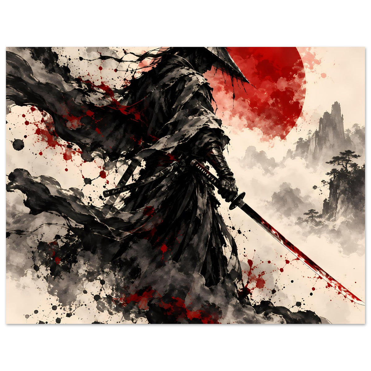 Samurai-Krieger-Poster mit roter Sonne, Katana und schwarzem Umhang, hochformat