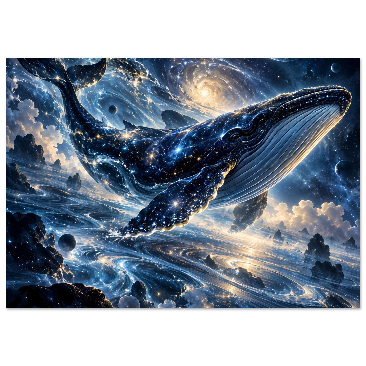 Kosmisches Fantasy-Poster: galaktischer Wal im Sternenmeer, leuchtende Planeten und Sterne