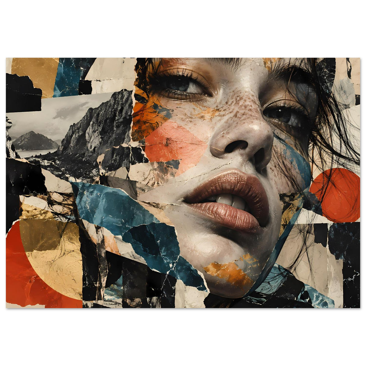 Querformat-Poster mit abstraktem Collage-Porträt einer Frau, harmonische Terrakotta-/Blautöne.