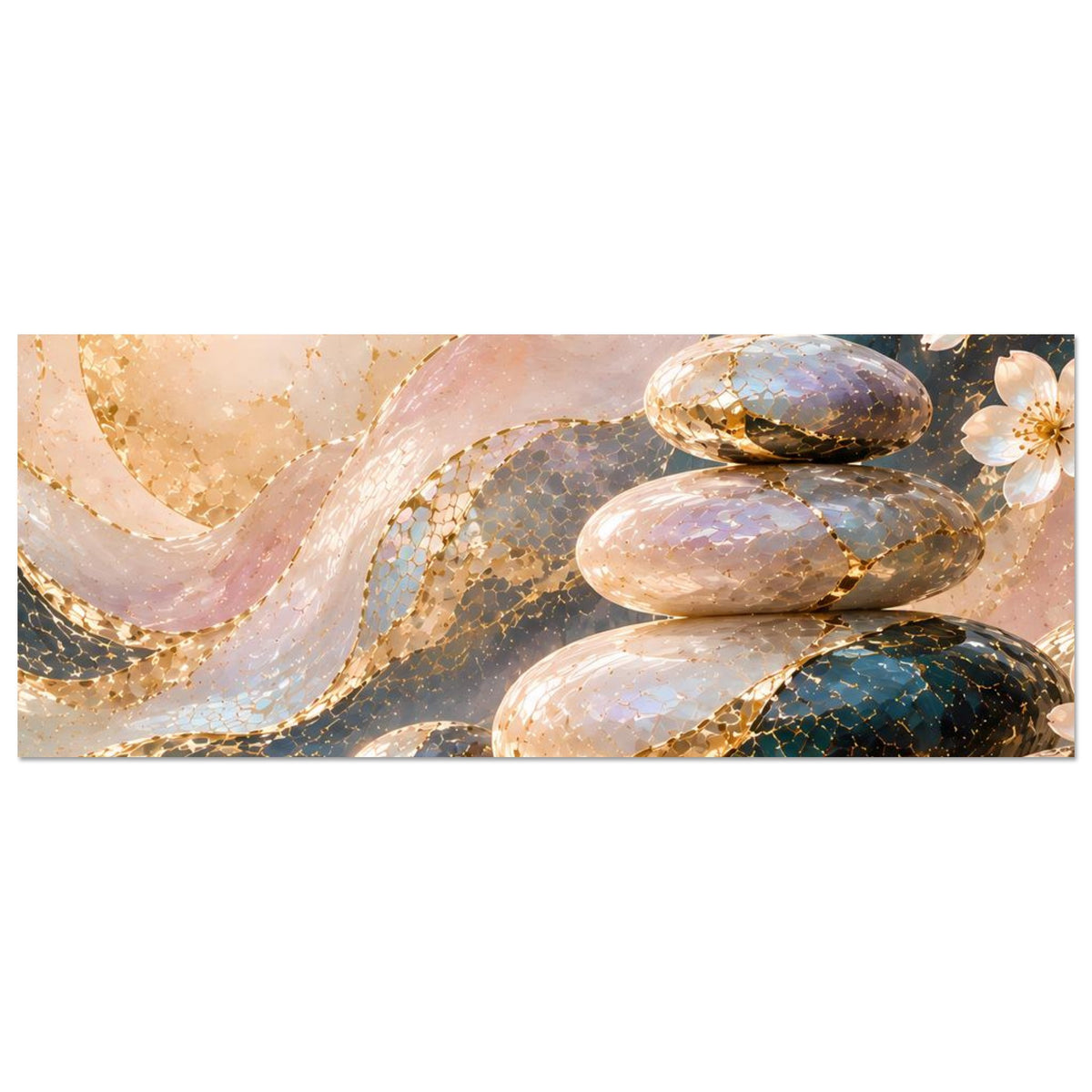 Horizontales Poster mit Zen-Motiv: Steine im Wasser, goldene Details und Blütenzweige