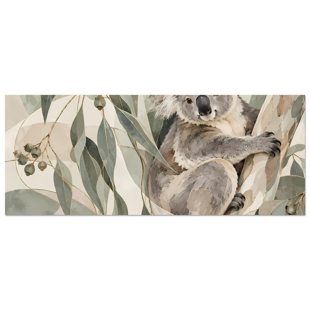 Horizontales Koala-Tierposter: Koala sitzt mit ausgestrecktem Arm vor Blättermotiv