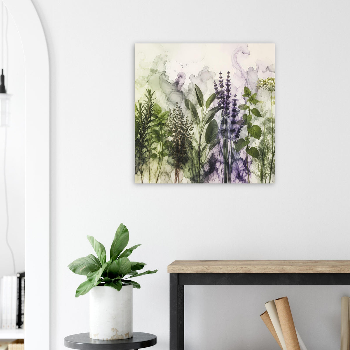 Gerahmtes botanisches Poster im Hochformat mit Lavendel und Kräuterpflanzen im Aquarellstil