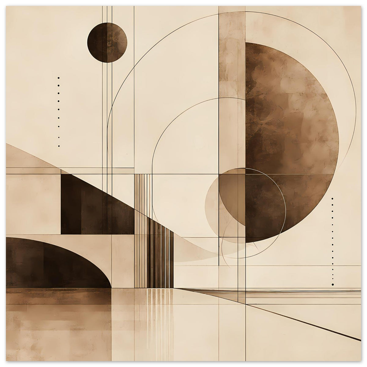 Geometrischer Kunstdruck mit Kreisen, Linienbündeln und rechteckigen Flächen in Sepia.