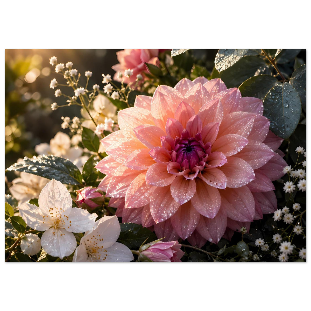 Blumenposter mit rosa Blüte, weißen Blüten und grünen Blättern, breiter Bildausschnitt