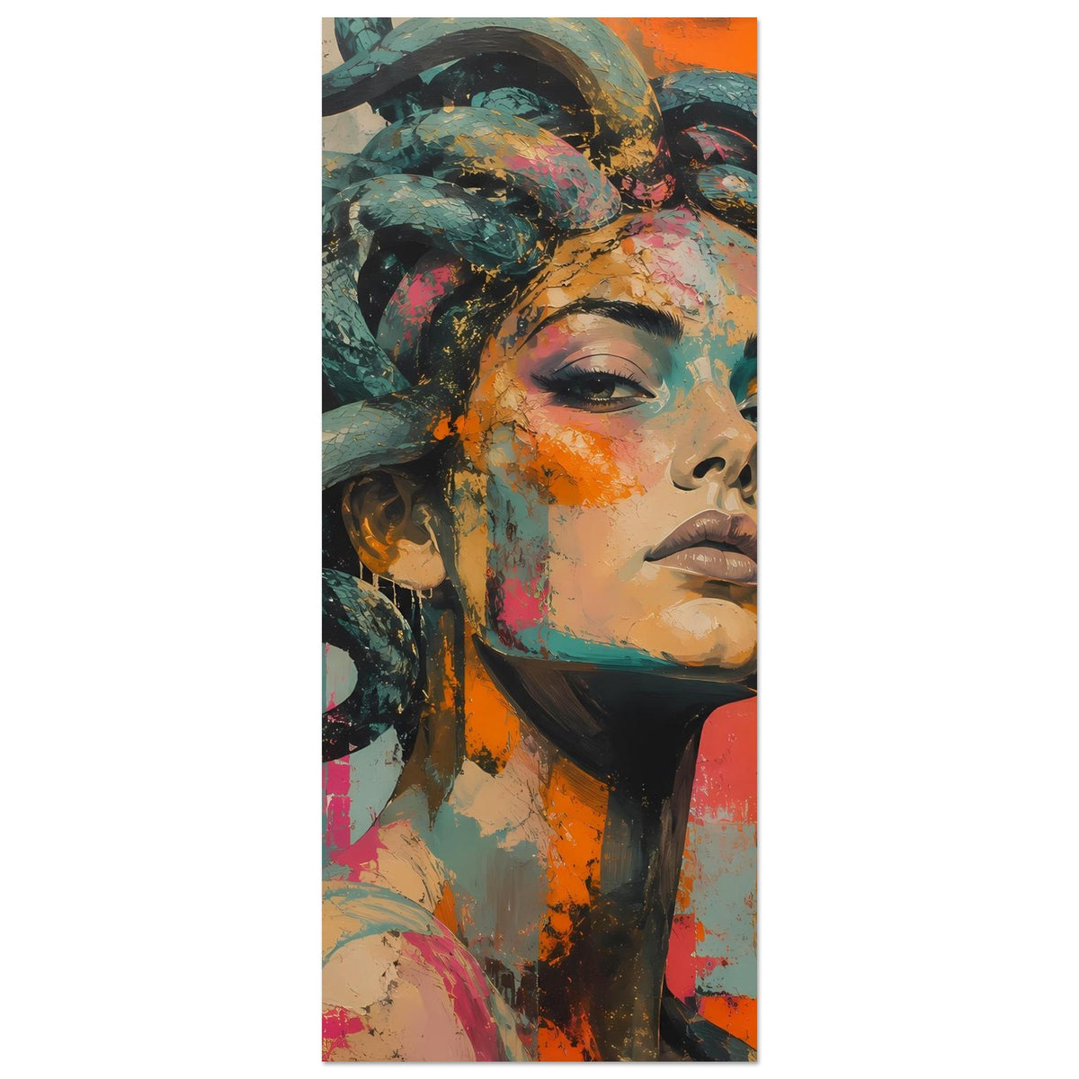 Poster mit Medusa-Porträt, bunte Schlangen im Haar, schmaler Ausschnitt im Hochformat