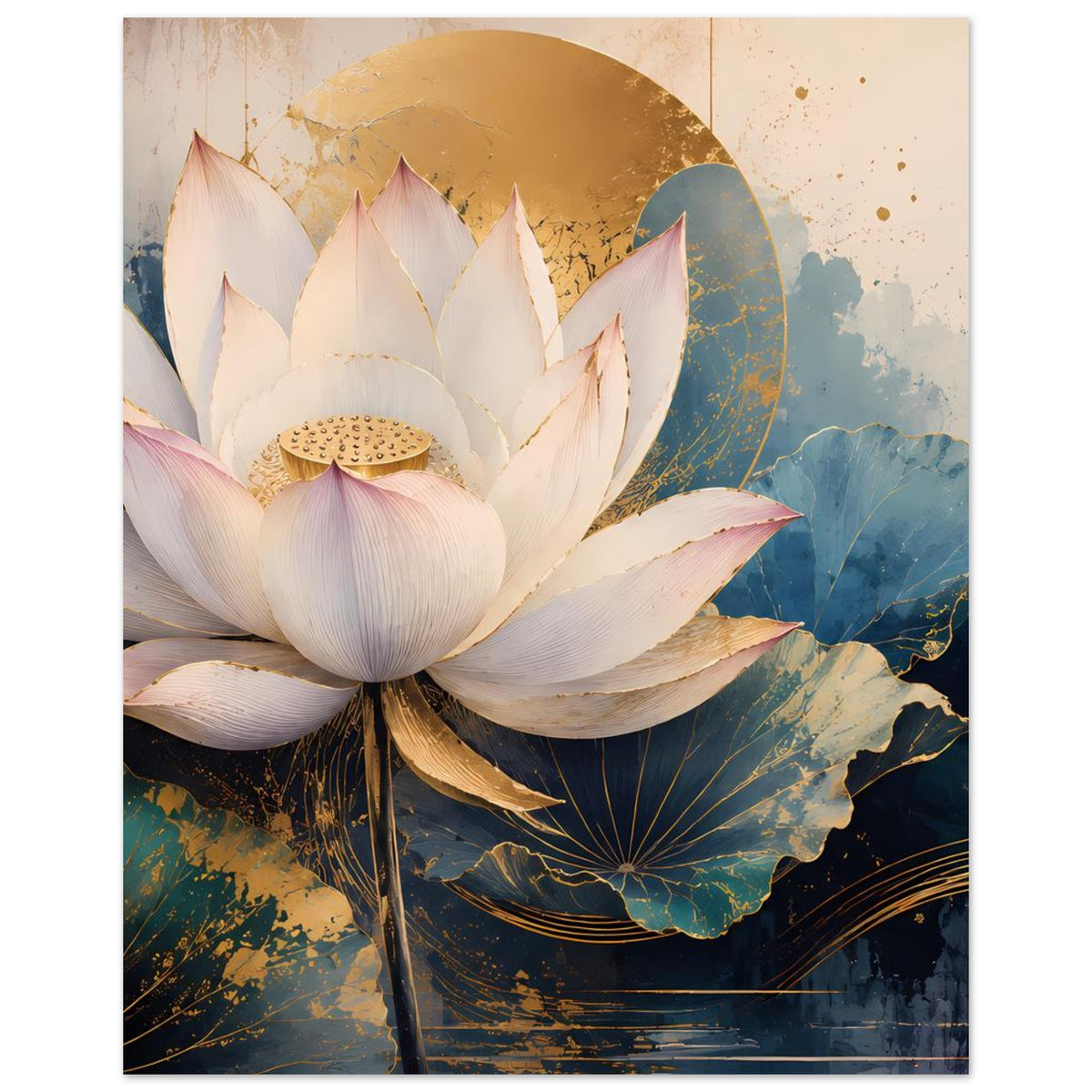 Lotusblumen-Poster mit weißer Lotusblüte, blauem Hintergrund und goldenen Akzenten