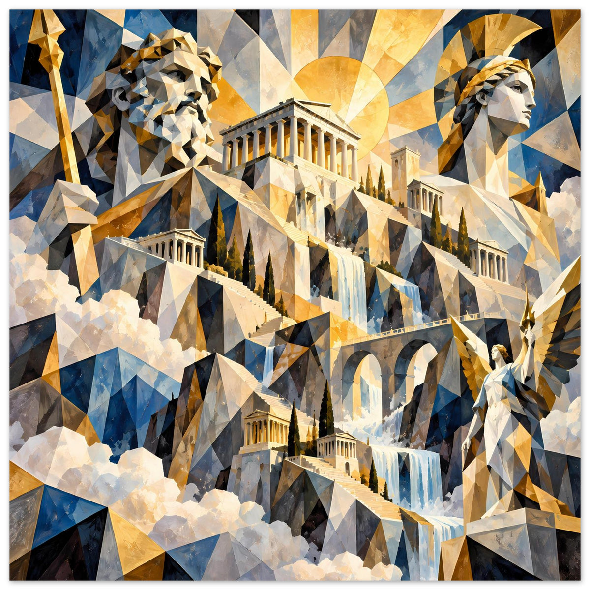 Poster mit zwei Statuenprofilen, Tempel und geometrischem Hintergrund in Blau-Gold