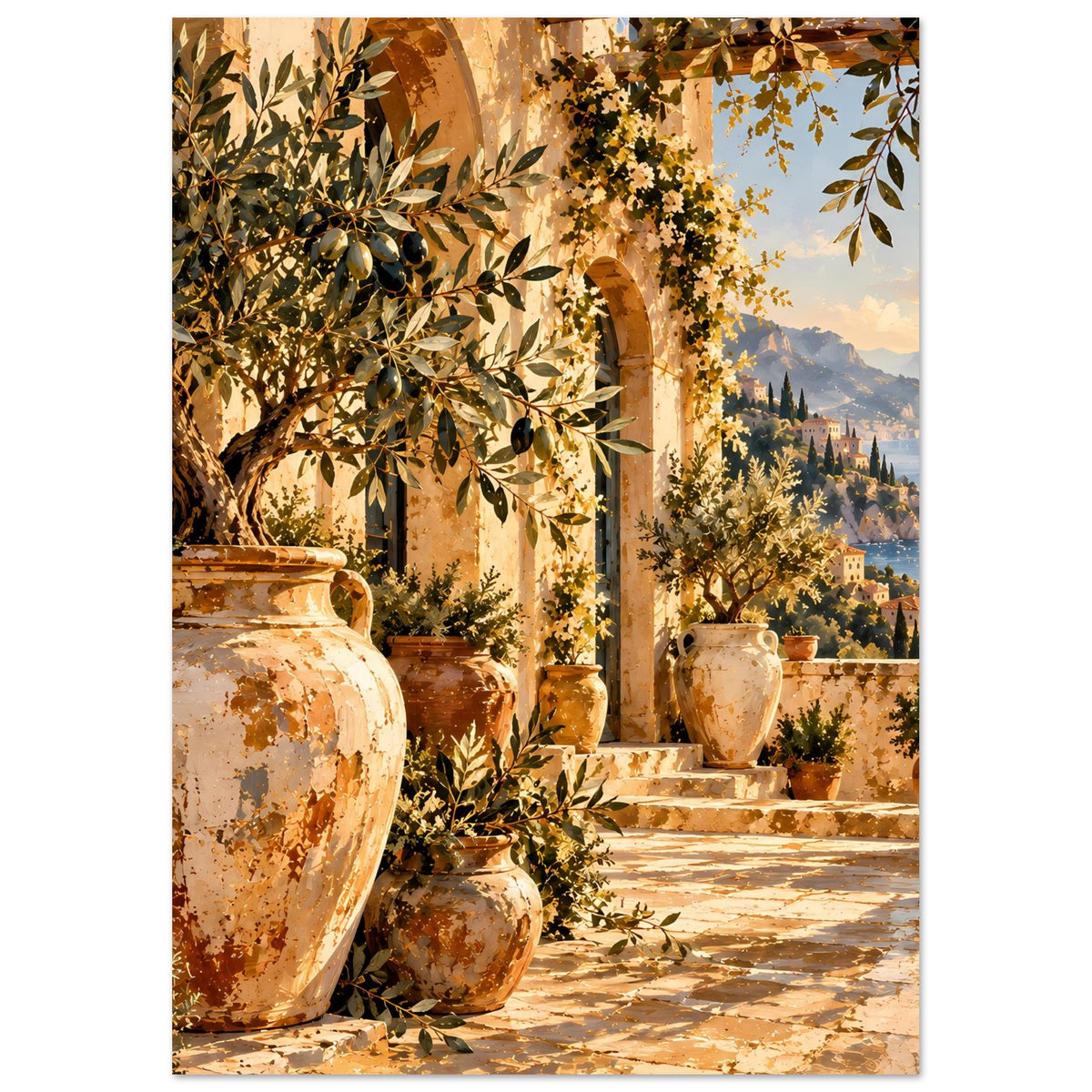 Vertikales Poster mit mediterranem Terrassenblick, Olivenzweigen und Keramikvasen