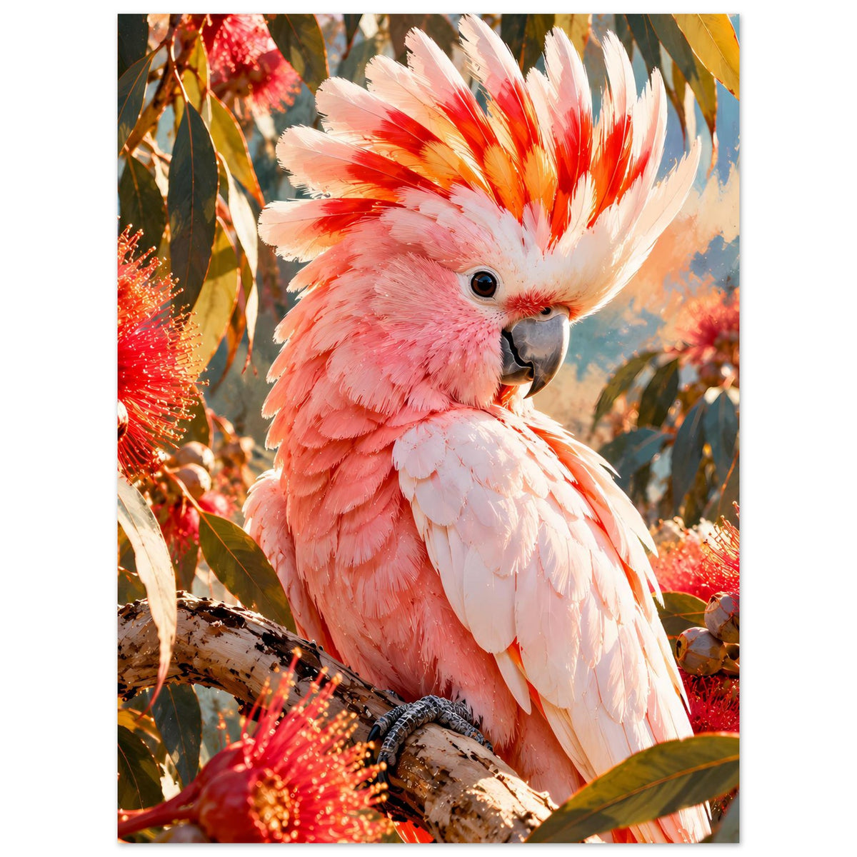Poster im Hochformat mit rosa Kakadu auf Ast, kräftige Federfächer weiß und rot