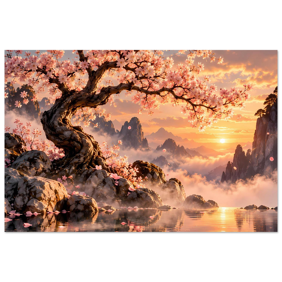 Poster mit Kirschblüten am Ufer, Felsenlandschaft und Sonne am Horizont