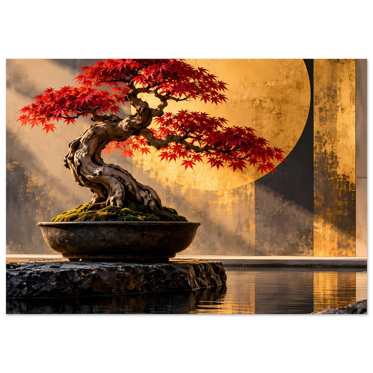 Rotahorn-Bonsai-Poster mit roter Krone, dunklem Stamm und Schale, runde gelbe Scheibe