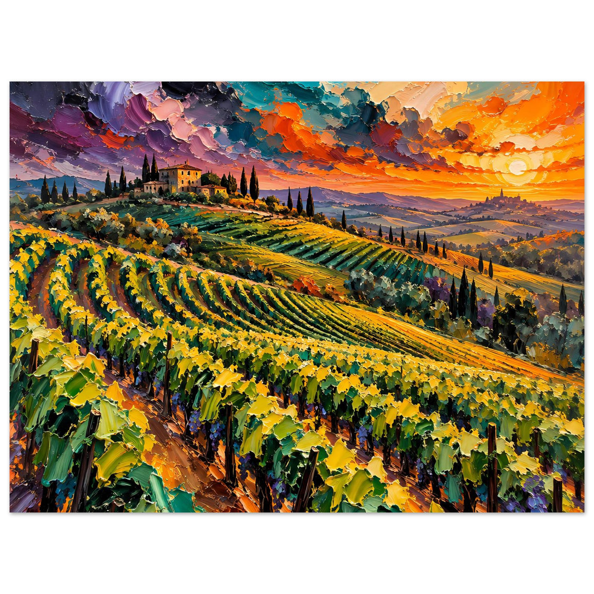 Landschaftsposter mit Weinbergen und Burghaus im Tal, bunter Sonnenuntergang am Himmel