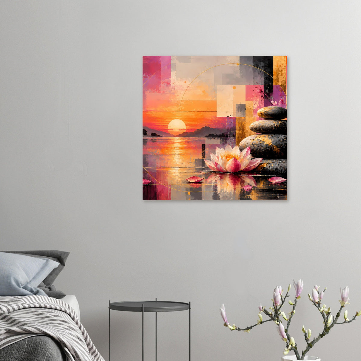 Kleines Zen-Poster mit abstraktem Sonnenuntergang, Lotusblüte und Steinturm