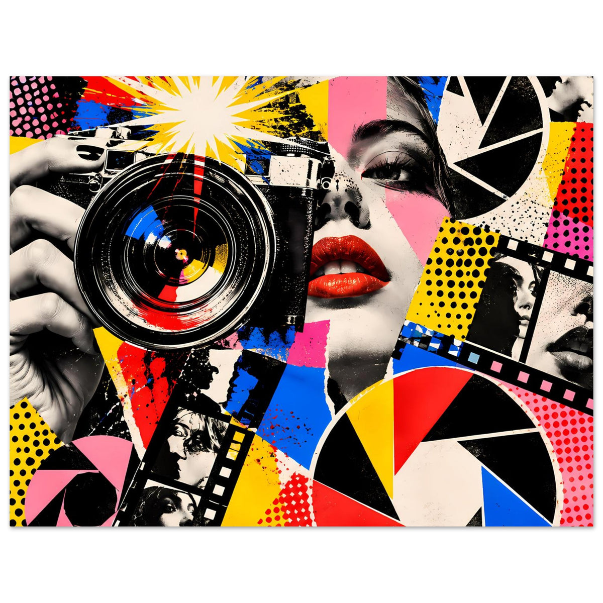 Pop-Art-Fotografie-Poster mit Kamera-Linse links und rotem Lippenaccent im Comic-Layout