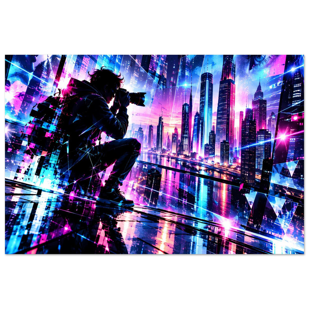 Poster mit leuchtender Skyline, Silhouettenfigur am Geländer und bunten Lichtreflexen