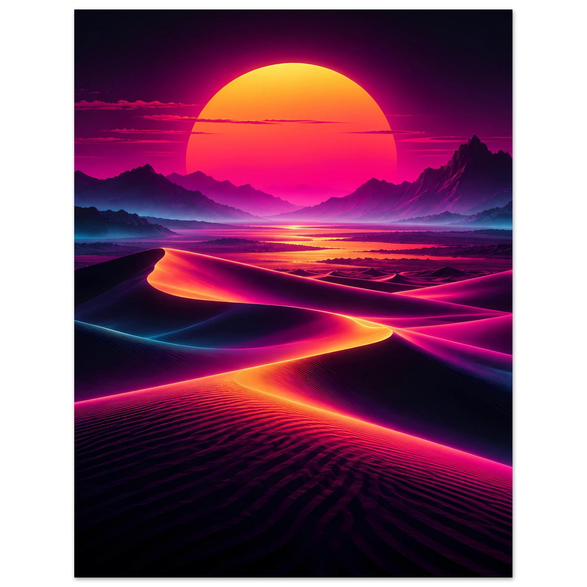 Neon-Desert-Sunset-Poster mit retrofarbenem Sonnenuntergang über Dünen und Bergen