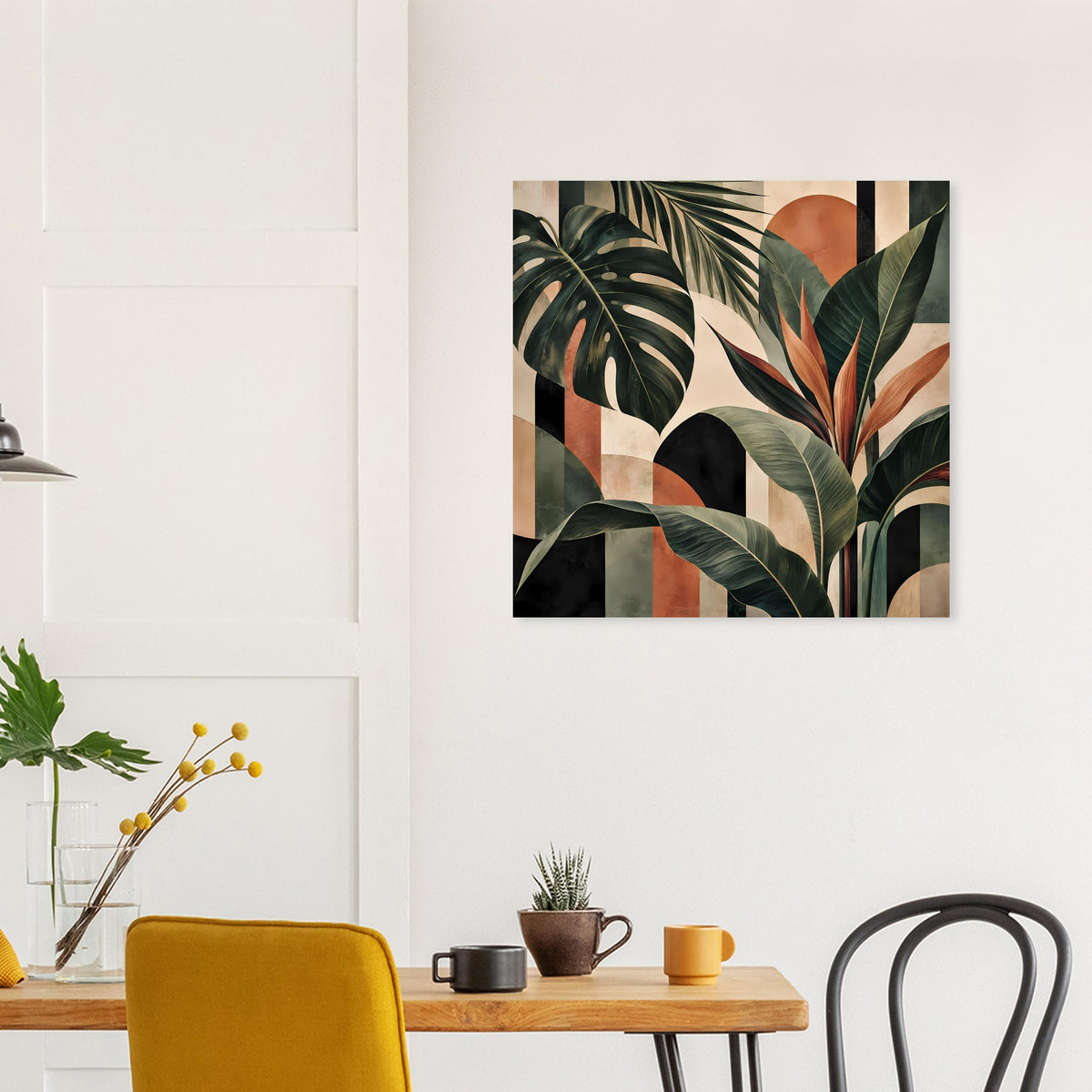 Botanisches Kunstposter im schwarzen Rahmen mit Palmen- und Blattmotiven in warmen Erdtönen