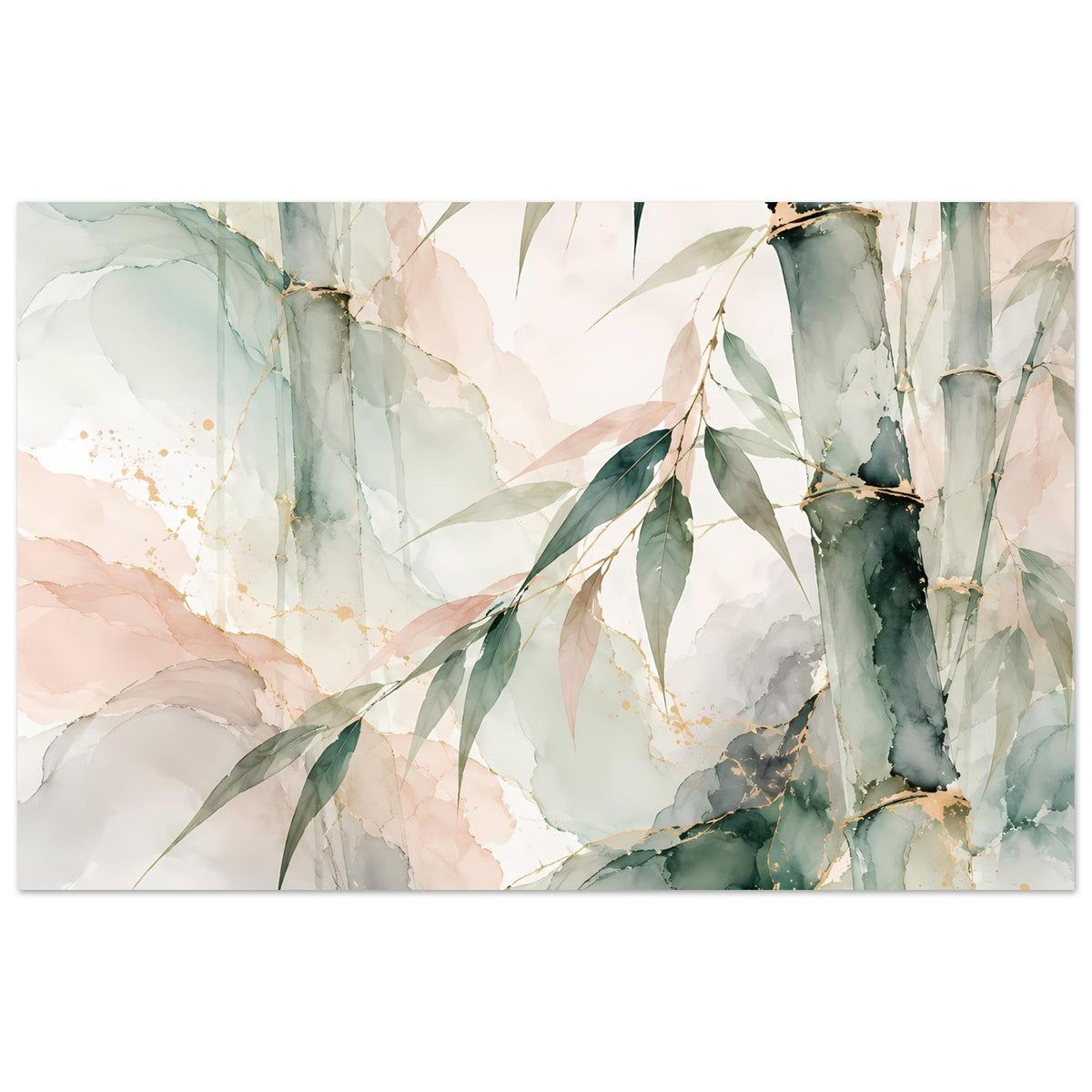 Horizontales Poster mit Bambus-Aquarell: grüne Blätter und Stämme in sanften Beige- und Rosatönen.