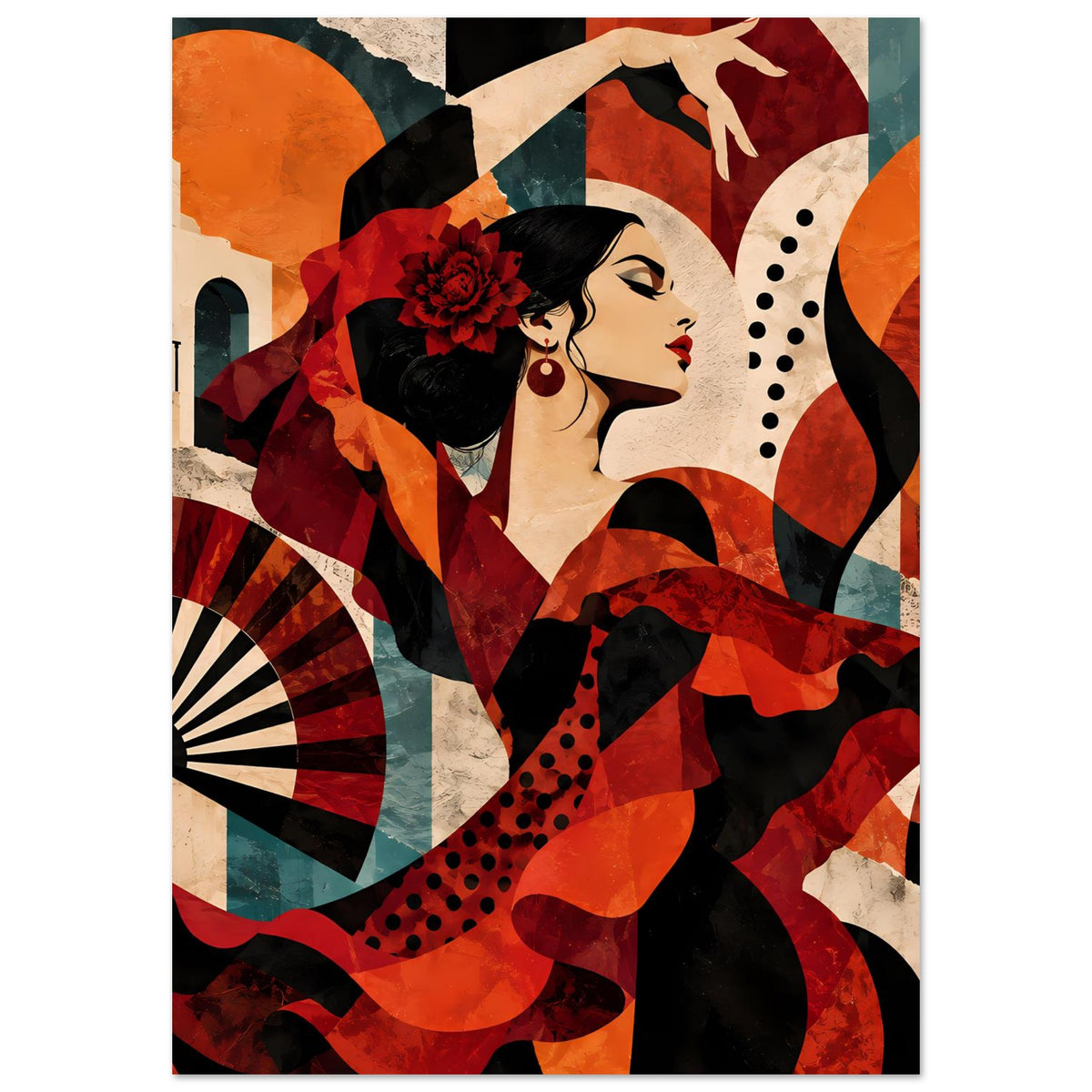 Hochformat-Tanzposter mit Flamenco-Tänzerin, rot-schwarzem Motiv und Fächer links