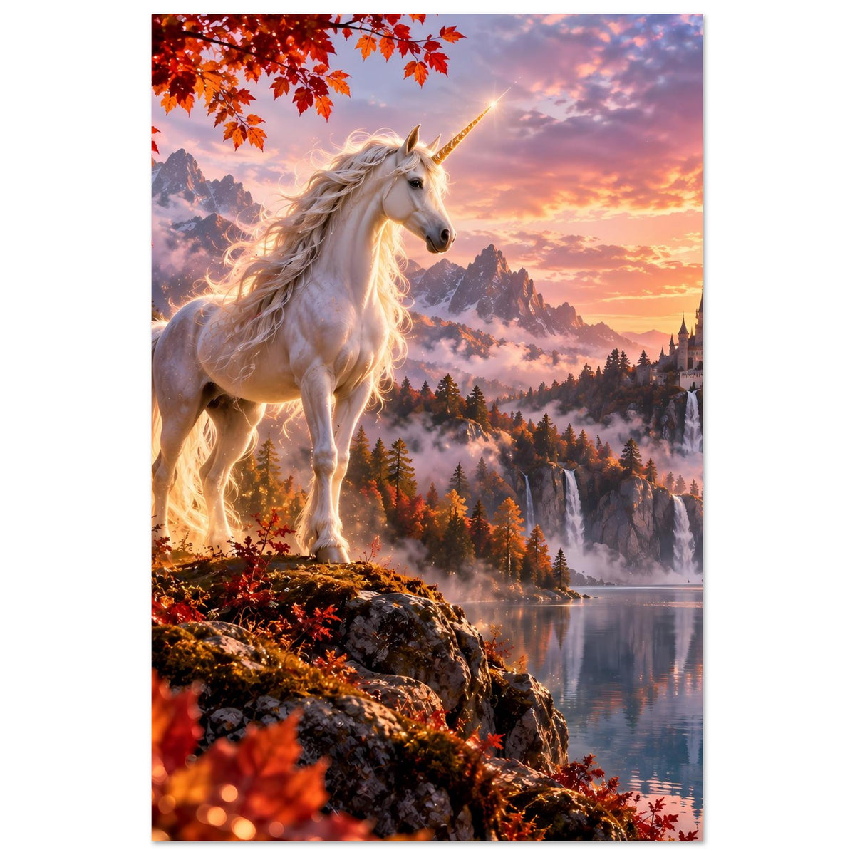 Einhorn-Fantasyposter: weißes Einhorn auf Felsen vor Bergkulisse, Herbstblätter und Schloss