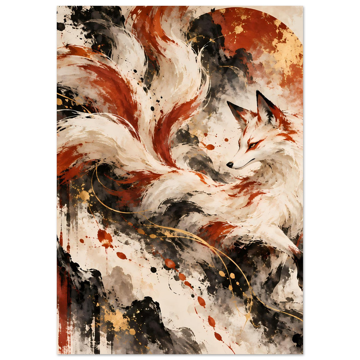 Fantasy-Poster: Fuchs mit neun Schweifen, cremefarbenes Fell, orange-brauner Hintergrund