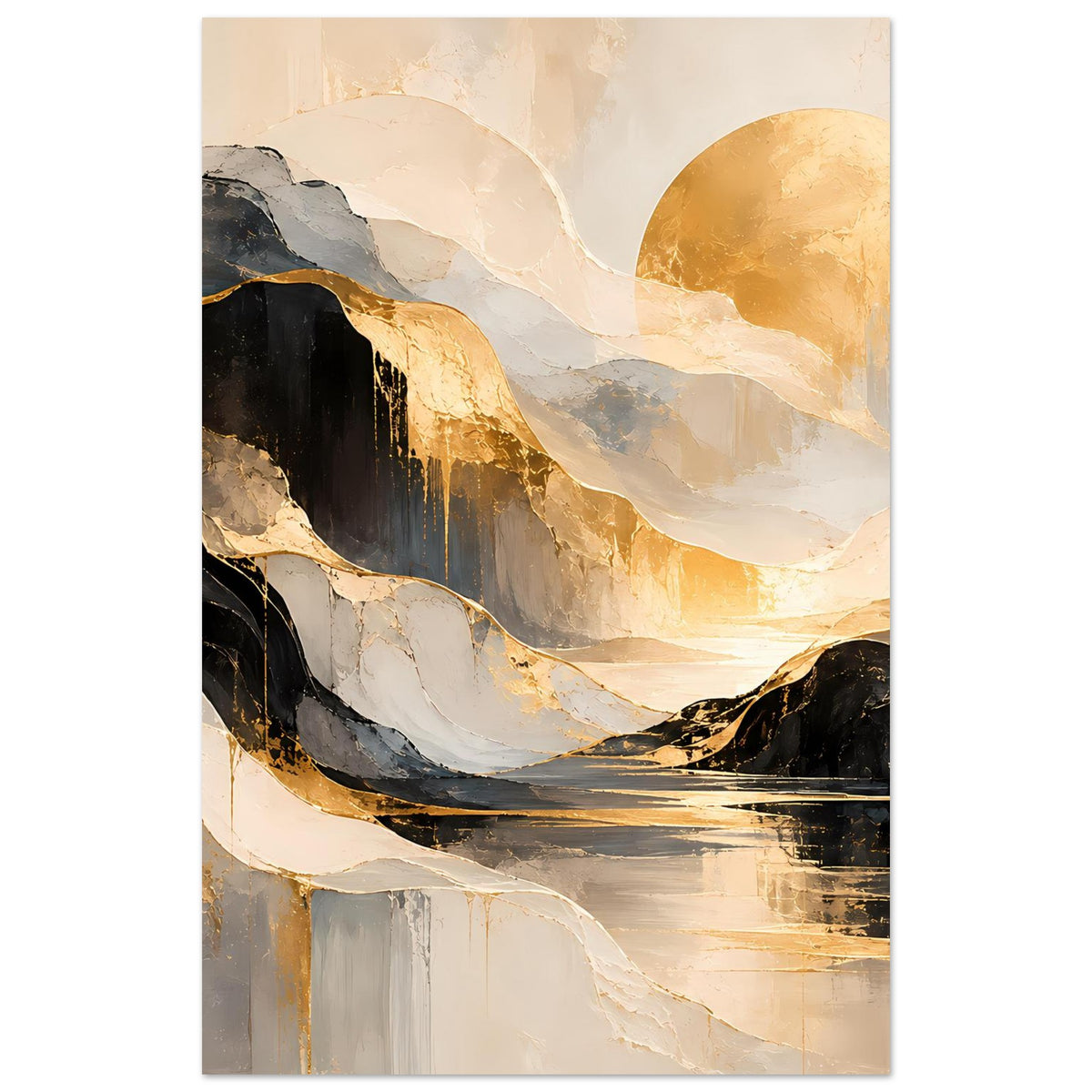 Abstraktes Gold-Schwarz-Kunstposter im vertikalen Format, Wellenmotiv mit Goldglanz