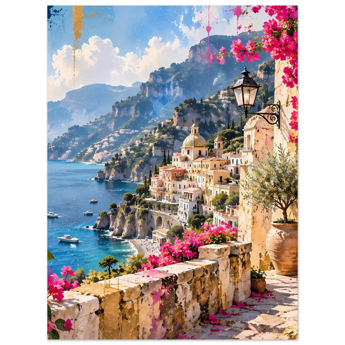 Mediterranes Küstenidyll-Poster mit Meer, weißen Gebäuden, Bougainvillea-Blüten und Laterne