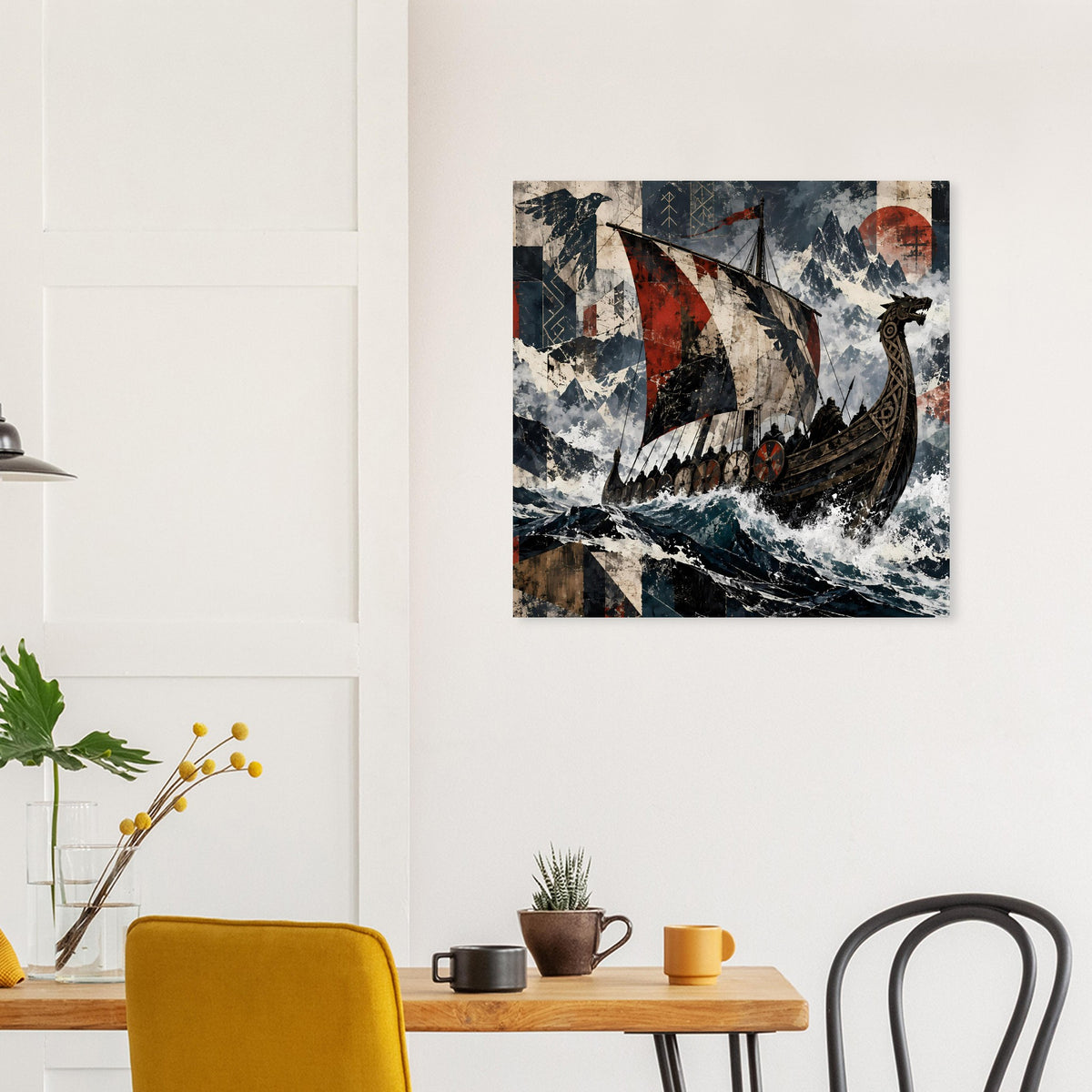 Quadratisches Poster mit Langschiff der Wikinger, roter Segelfahne, Wellen und Wolkenhimmel
